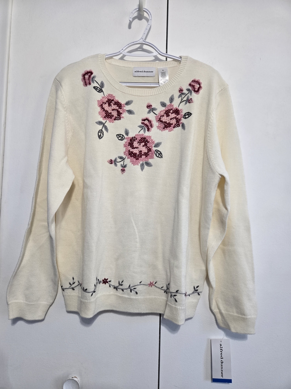 NWT Alfred Dunner Floral Embroidered Beaded Sweater XL Ivory Wool Blend